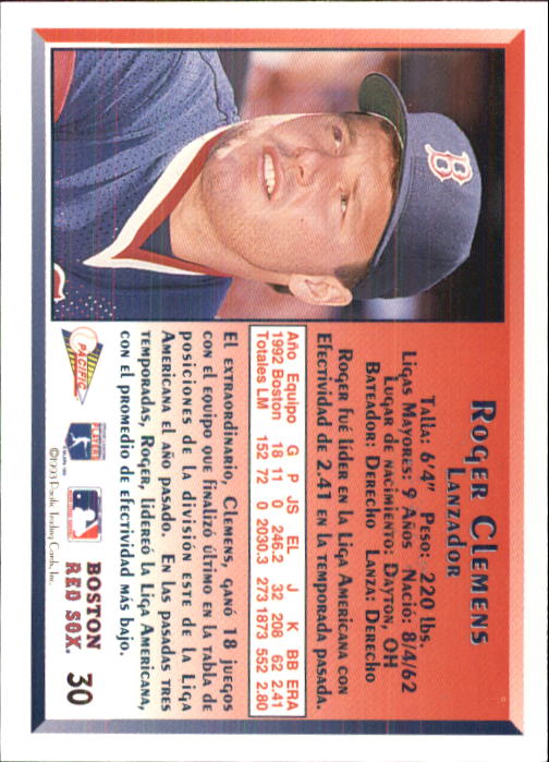 1993 Pacific Spanish #30 Roger Clemens back image