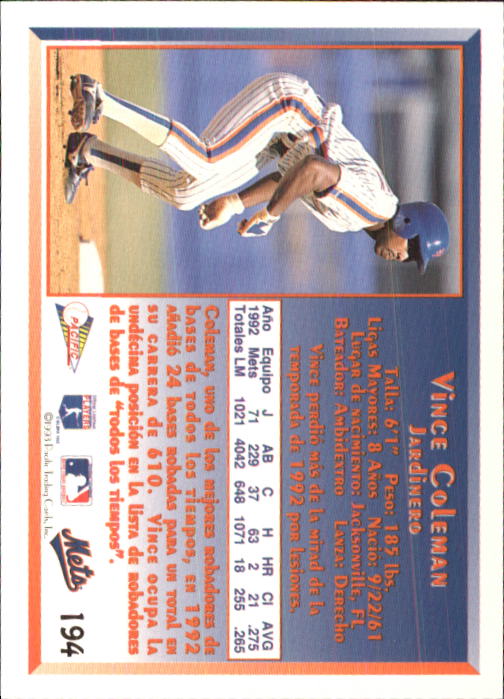 1993 Pacific Spanish #194 Vince Coleman back image