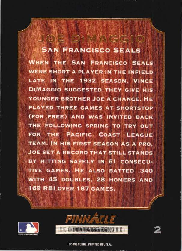1993 Pinnacle DiMaggio #2 San Francisco Seals back image