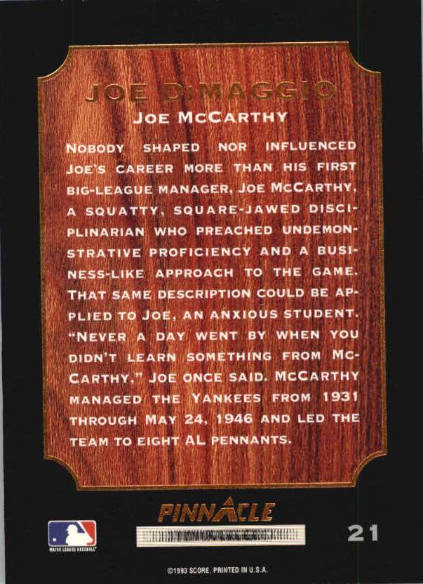 1993 Pinnacle DiMaggio #21 Joe McCarthy back image