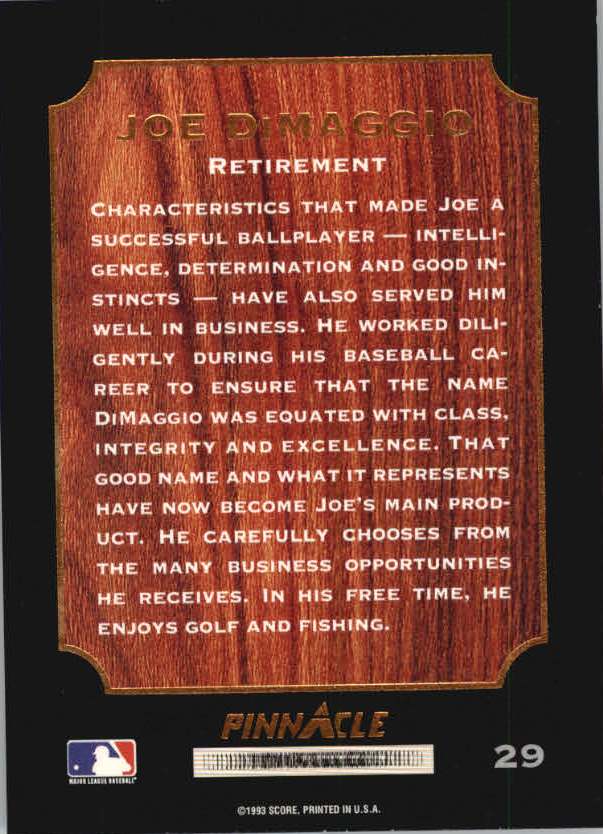 1993 Pinnacle DiMaggio #29 Retirement back image