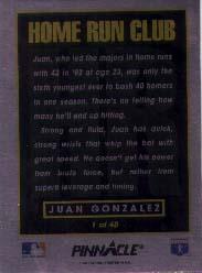 1993 Pinnacle Home Run Club #1 Juan Gonzalez back image