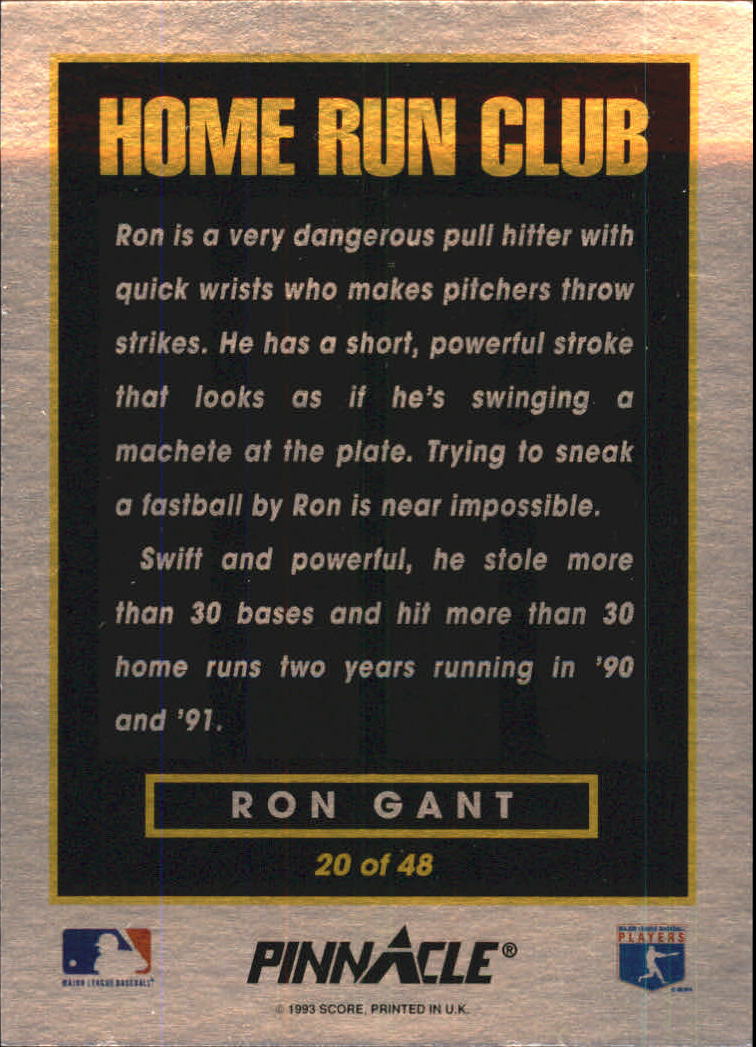 1993 Pinnacle Home Run Club #20 Ron Gant back image