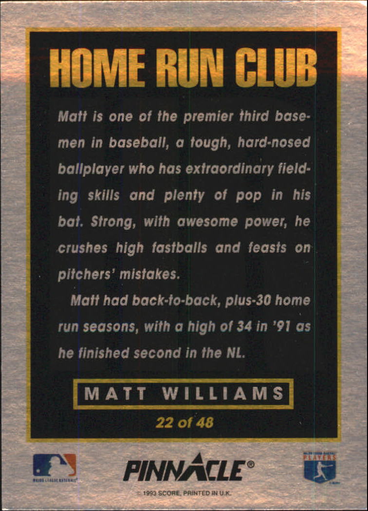 1993 Pinnacle Home Run Club #22 Matt Williams back image