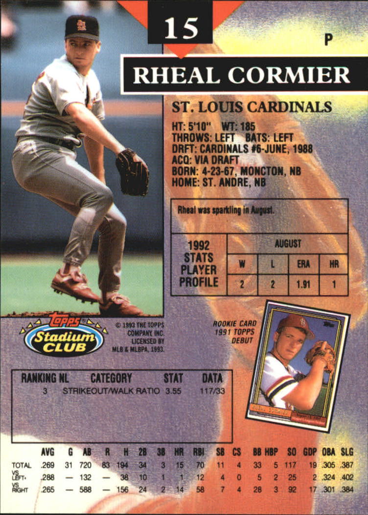 1993 Stadium Club Members Only Parallel #15 Rheal Cormier back image