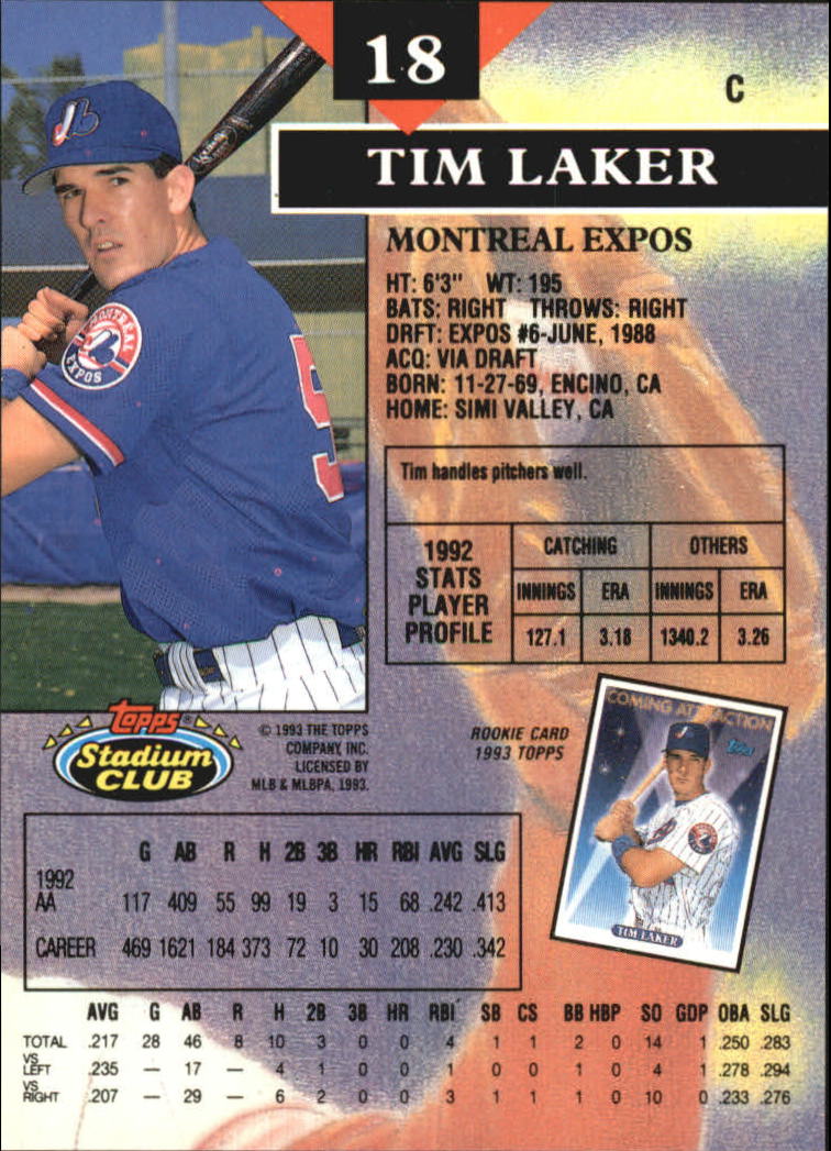 1993 Stadium Club Members Only Parallel #18 Tim Laker back image