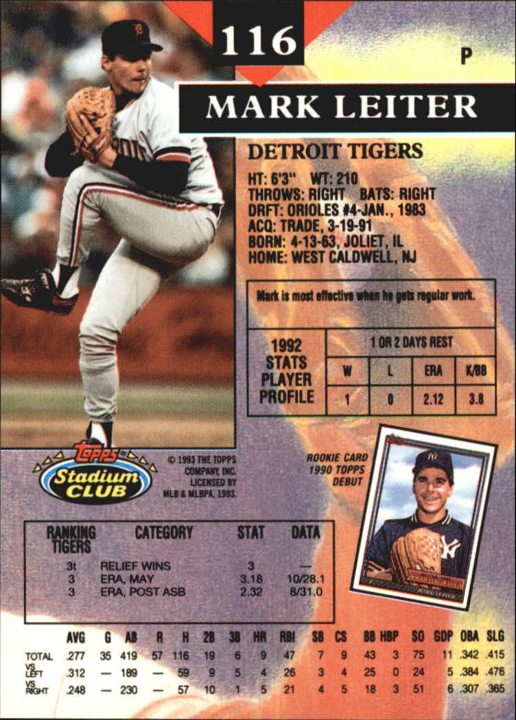 1993 Stadium Club Members Only Parallel #116 Mark Leiter back image