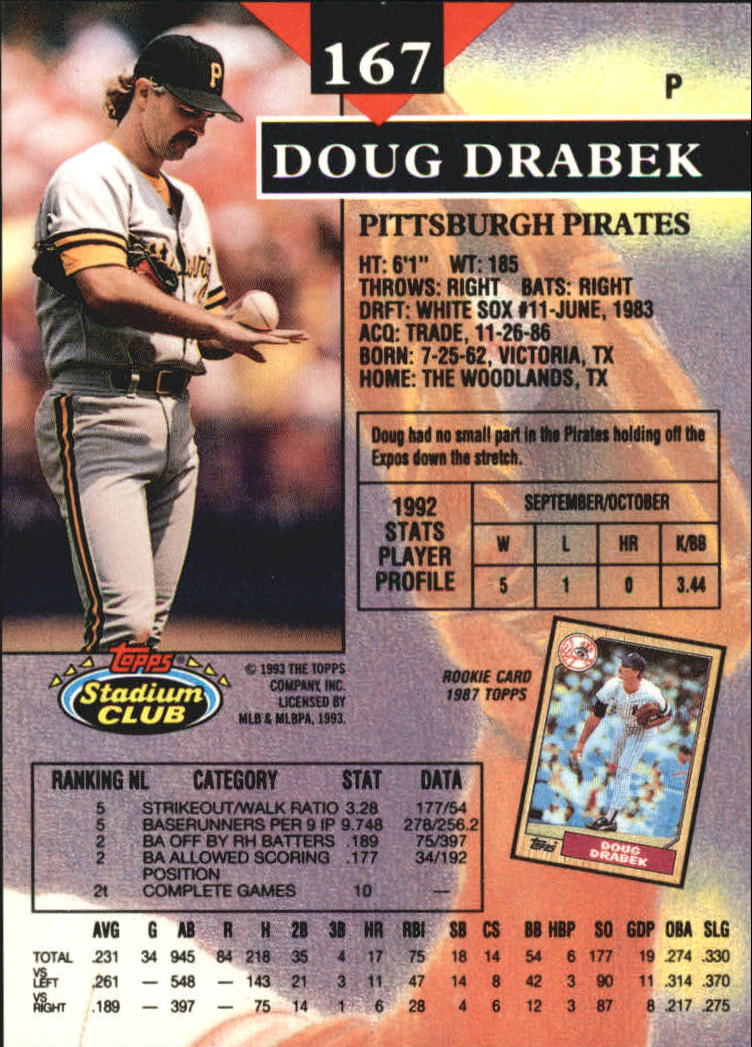 1993 Stadium Club Members Only Parallel #167 Doug Drabek back image