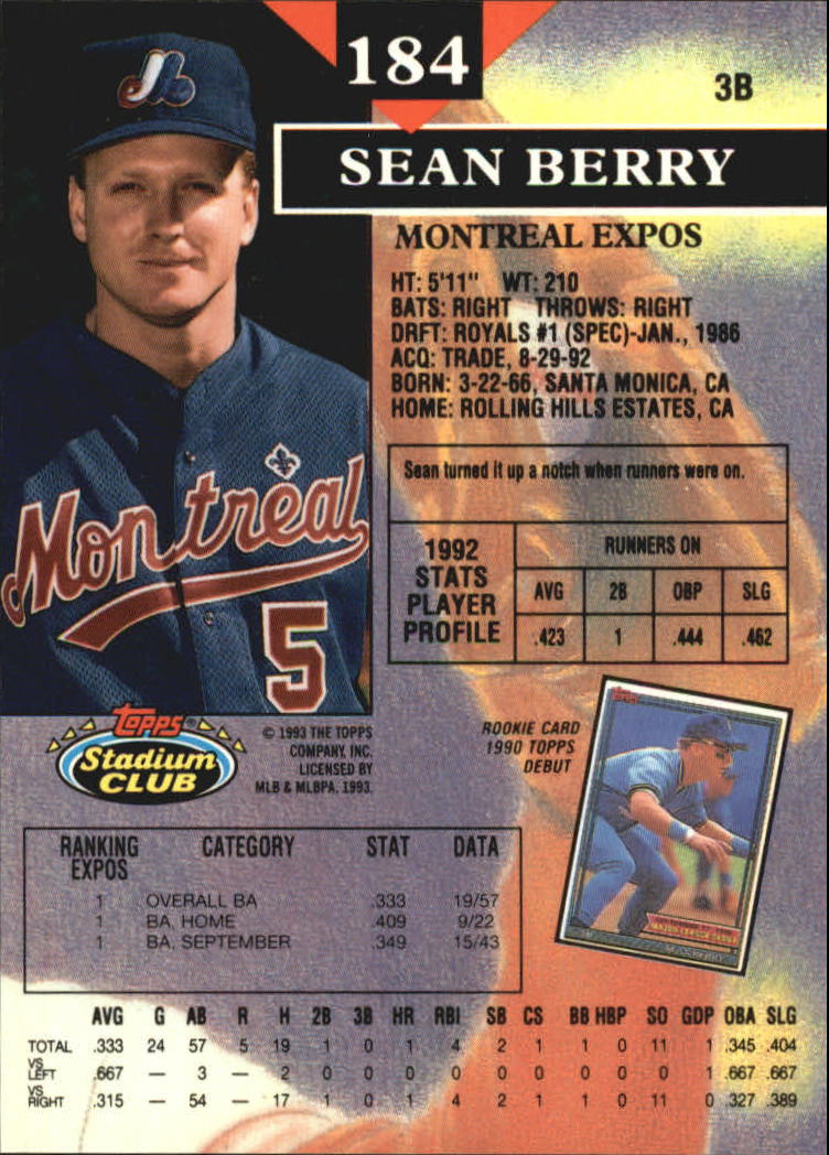 1993 Stadium Club Members Only Parallel #184 Sean Berry back image
