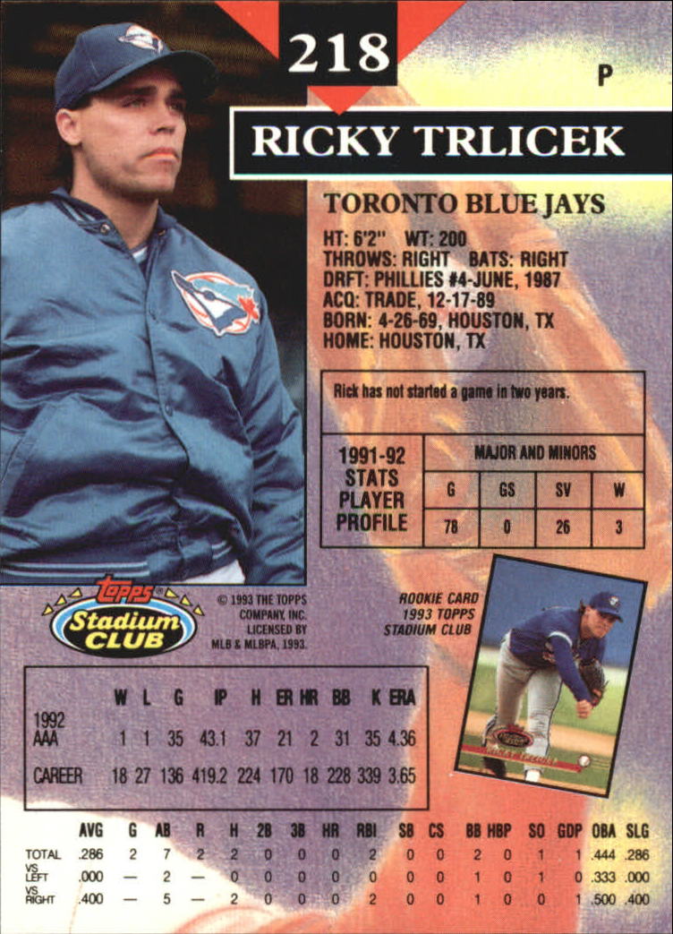 1993 Stadium Club Members Only Parallel #218 Rick Trlicek back image