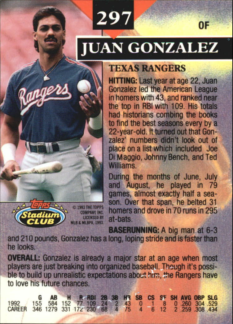 1993 Stadium Club Members Only Parallel #297 Juan Gonzalez MC UER back image