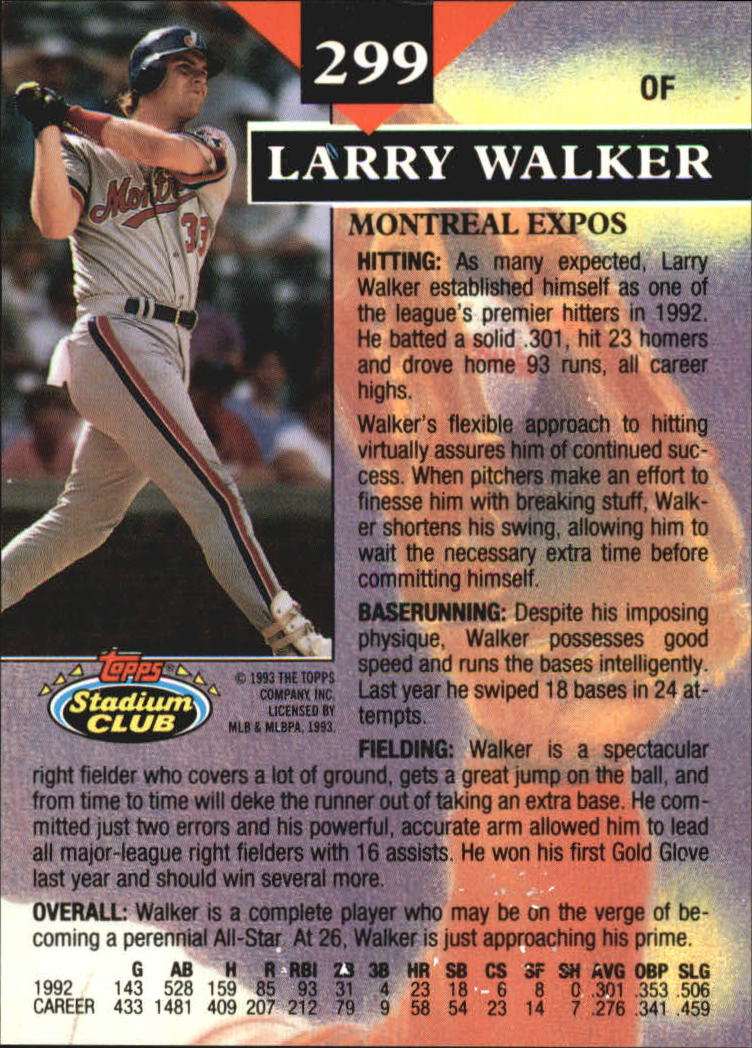 1993 Stadium Club Members Only Parallel #299 Larry Walker MC back image