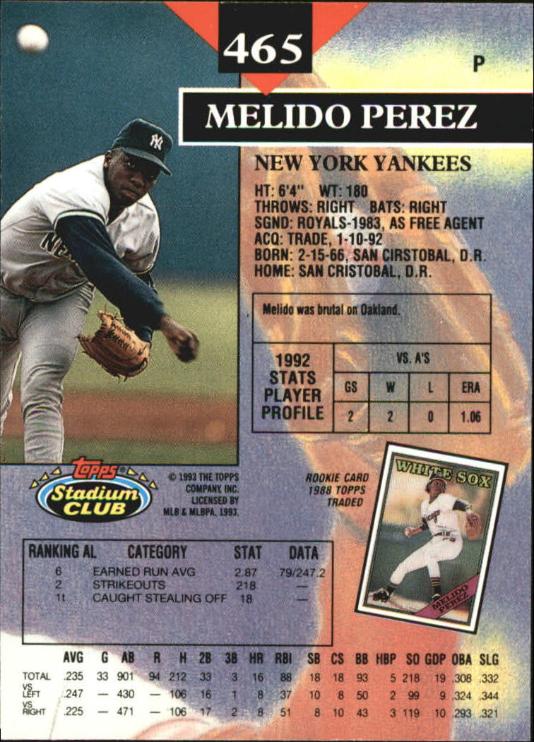 1993 Stadium Club Members Only Parallel #465 Melido Perez back image