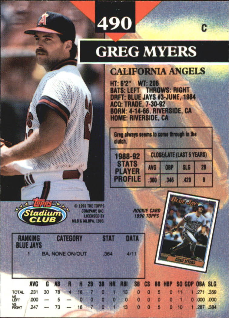1993 Stadium Club Members Only Parallel #490 Greg Myers back image