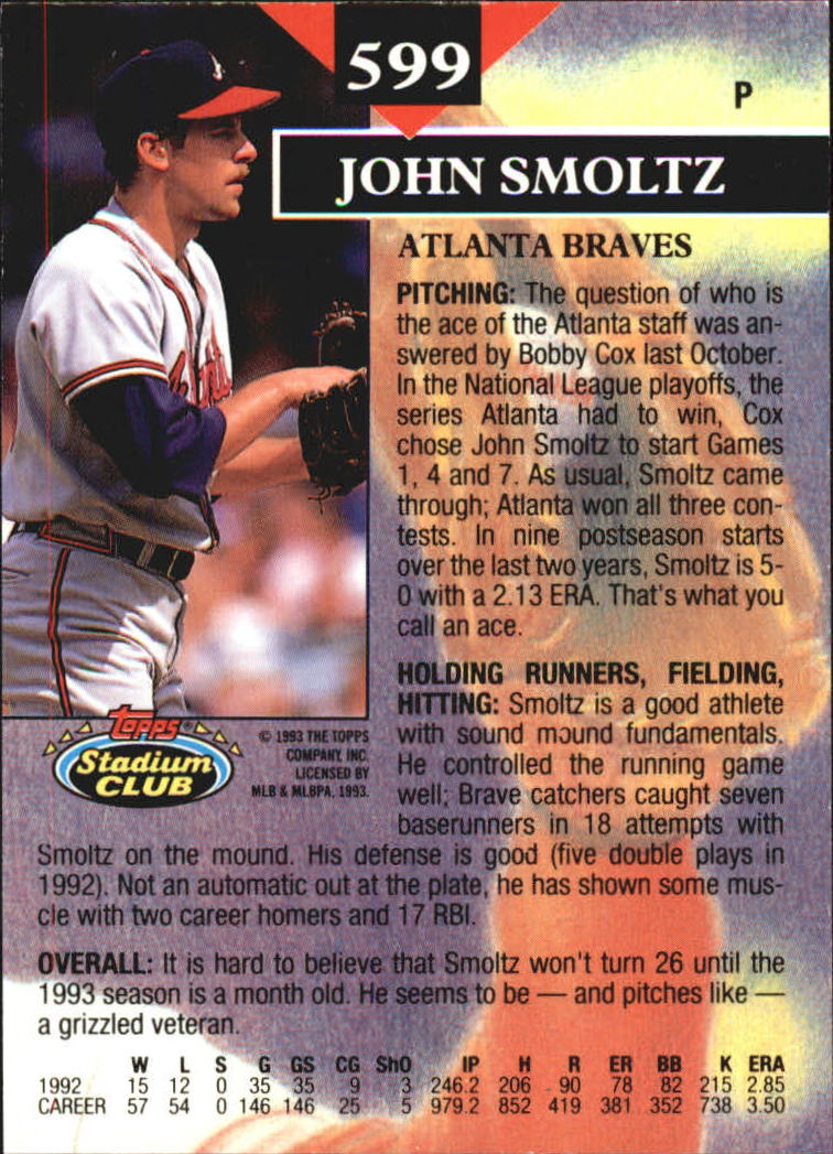 1993 Stadium Club Members Only Parallel #599 John Smoltz MC back image