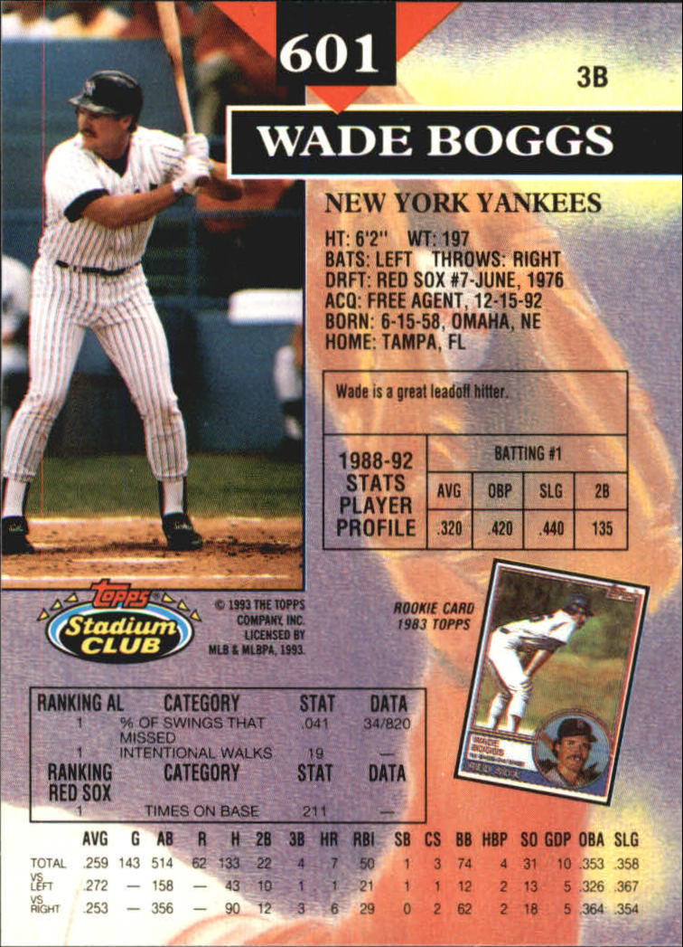 1993 Stadium Club Members Only Parallel #601 Wade Boggs back image