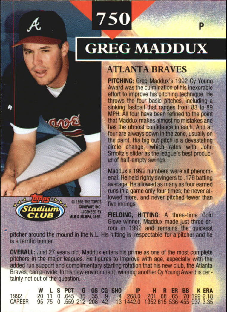 1993 Stadium Club Members Only Parallel #750 Greg Maddux MC back image