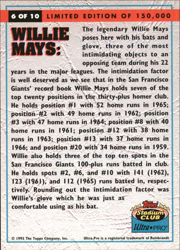1993 Stadium Club Ultra-Pro #6 Willie Mays/Squatting posture, glove in hand back image