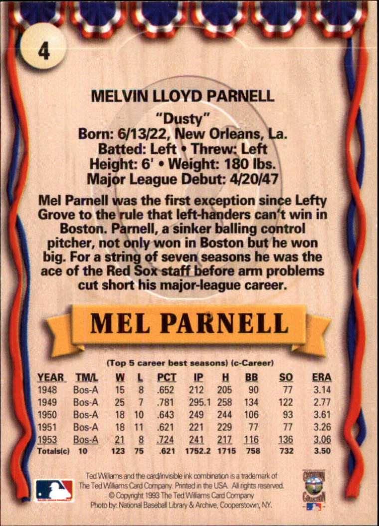 1993 Ted Williams #4 Mel Parnell back image