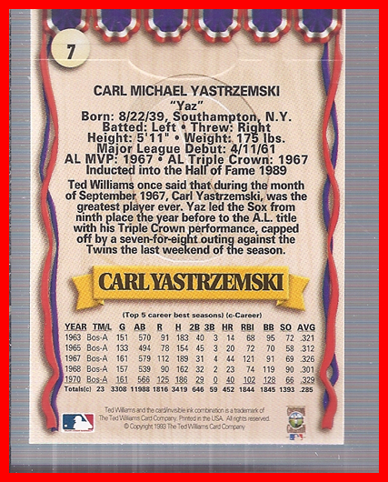 1993 Ted Williams #7 Carl Yastrzemski back image