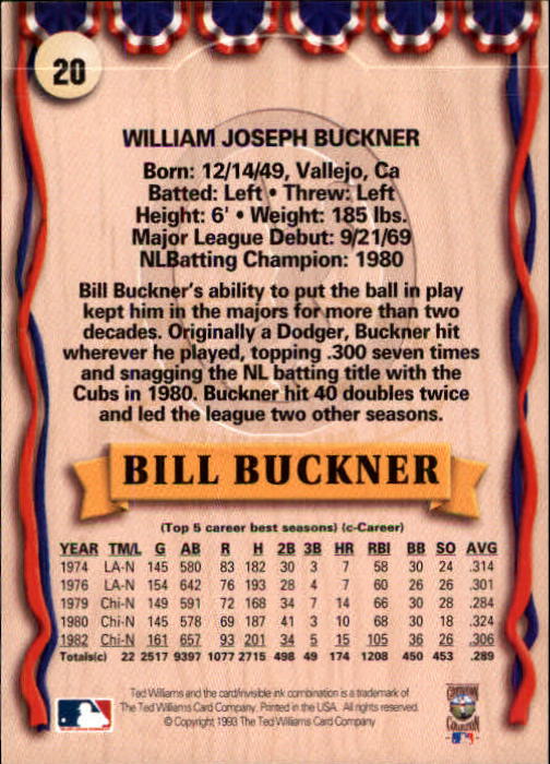 1993 Ted Williams #20 Bill Buckner back image