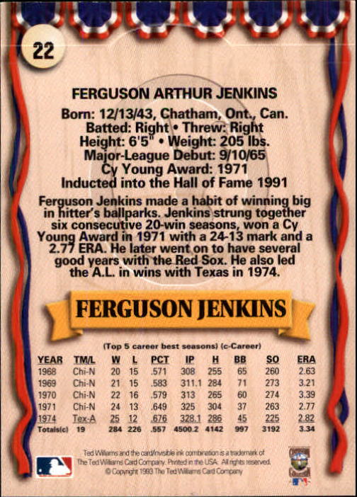 1993 Ted Williams #22 Ferguson Jenkins back image