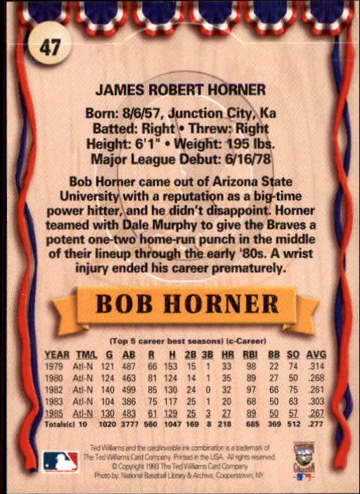 1993 Ted Williams #47 Bob Horner back image
