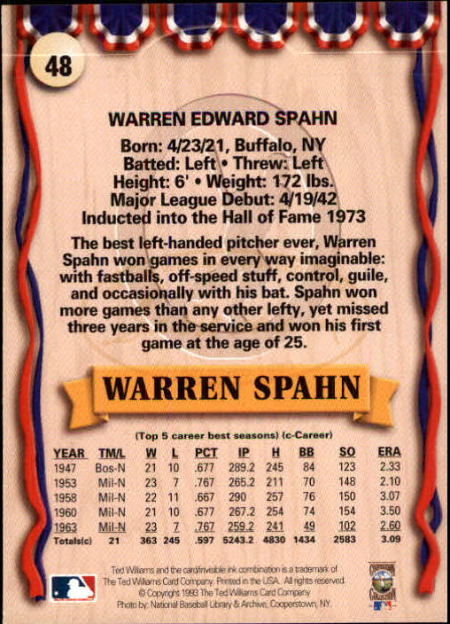 1993 Ted Williams #48 Warren Spahn back image