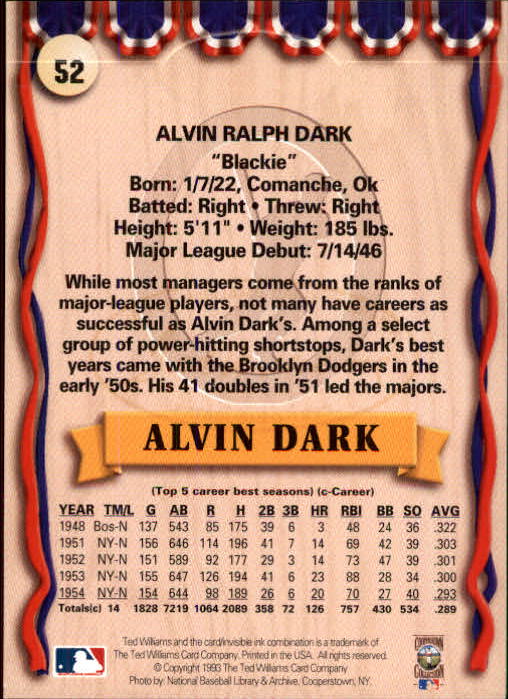 1993 Ted Williams #52 Alvin Dark back image