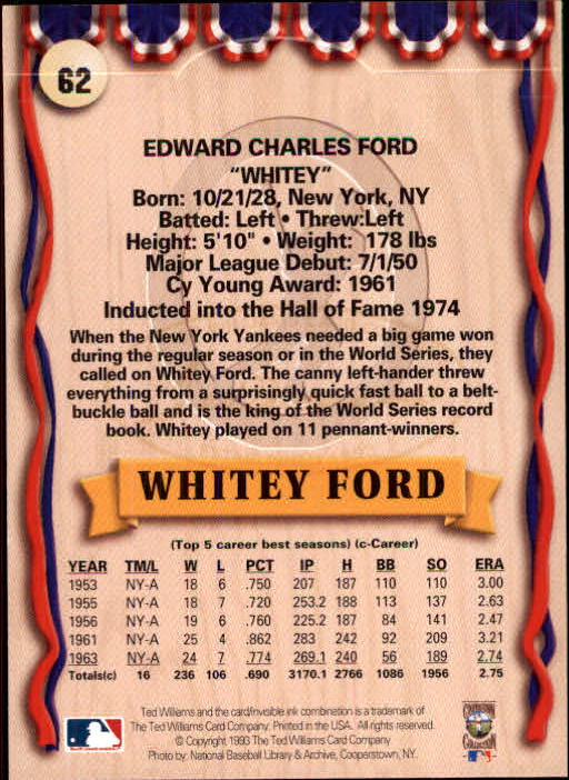 1993 Ted Williams #62 Whitey Ford back image