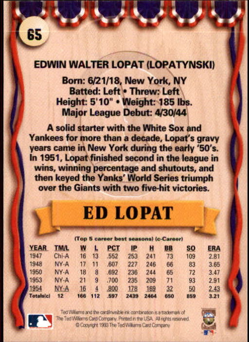 1993 Ted Williams #65 Eddie Lopat back image