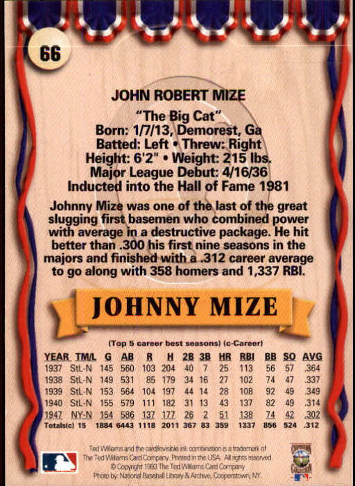 1993 Ted Williams #66 Johnny Mize back image