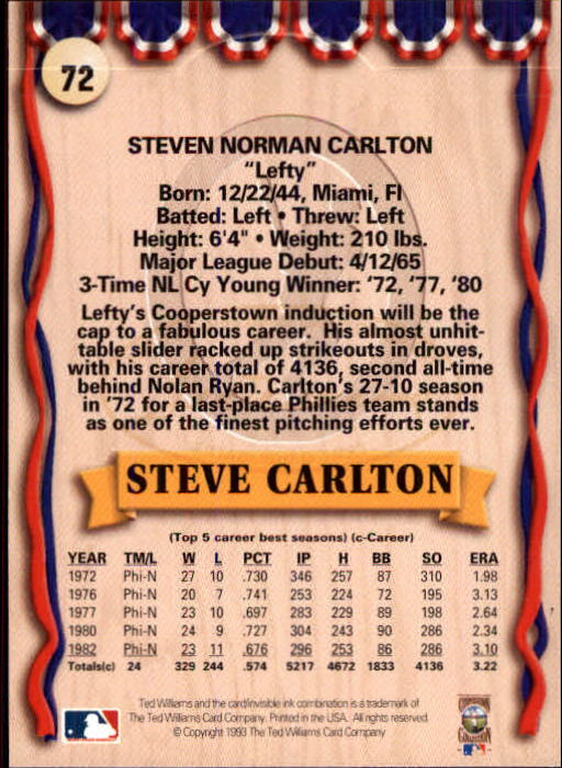 1993 Ted Williams #72 Steve Carlton back image