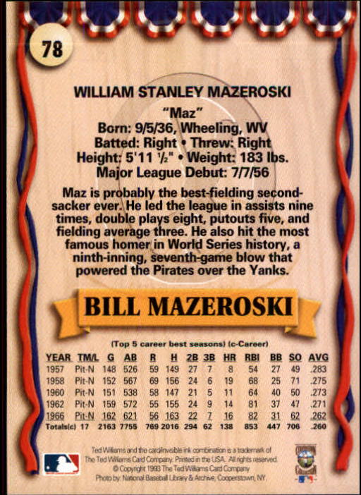 1993 Ted Williams #78 Bill Mazeroski back image