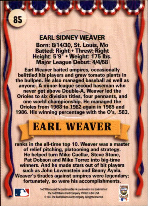 1993 Ted Williams #85 Earl Weaver MG back image