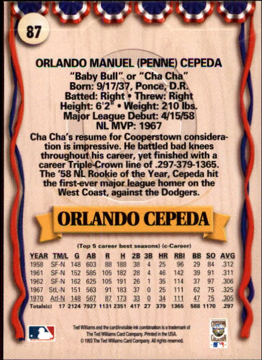 1993 Ted Williams #87 Orlando Cepeda UER/(Born in Puerto Rico&/not Dom back image