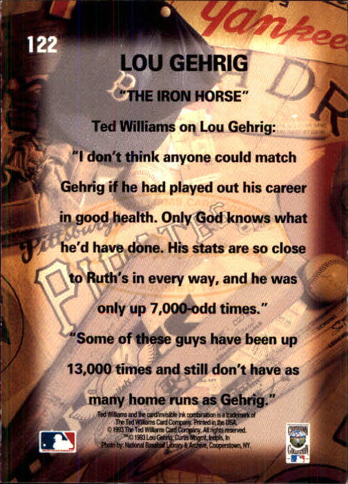 1993 Ted Williams #122 Lou Gehrig back image