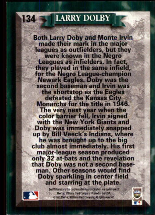 1993 Ted Williams #134 Larry Doby UER/(Misspelled Dolby/on card back) back image