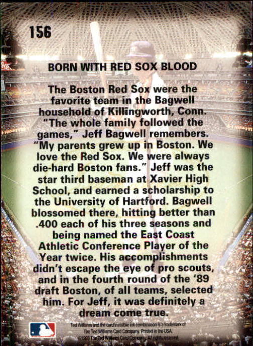 1993 Ted Williams #156 Jeff Bagwell/Born with Red Sox Blood back image