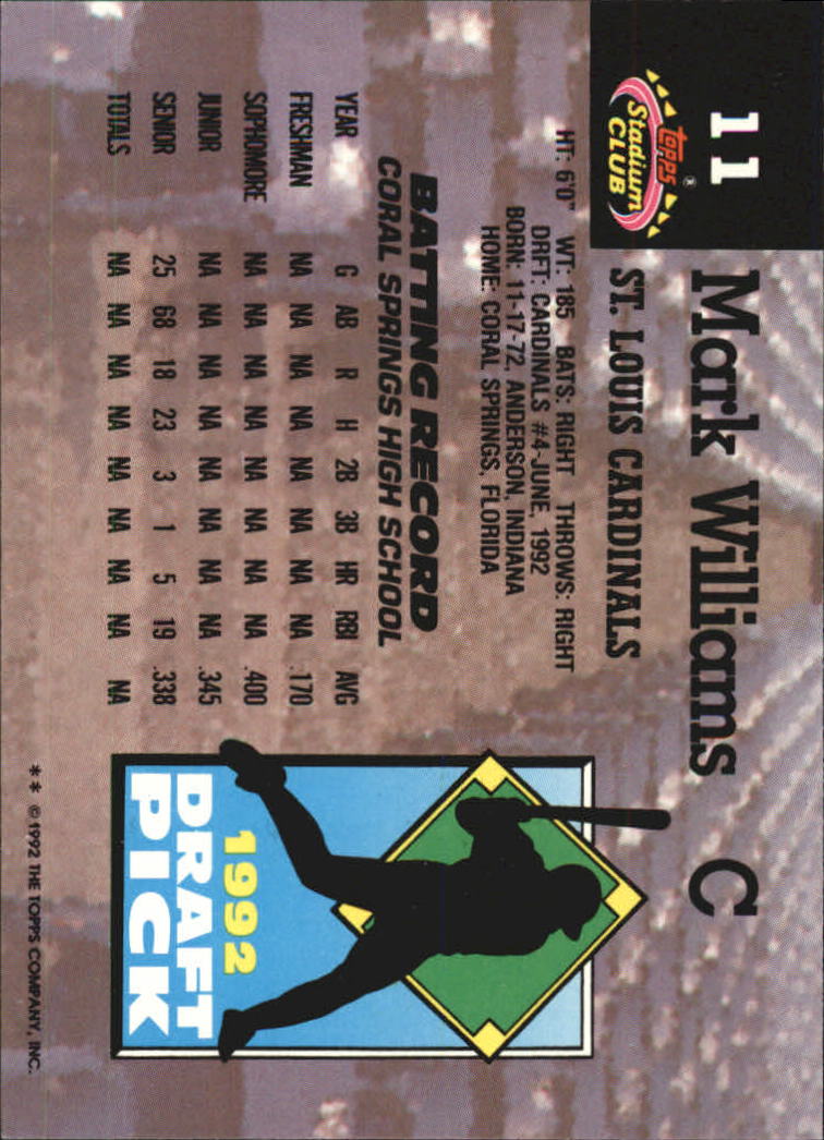 1993 Stadium Club Murphy #11 Mark Williams RC back image