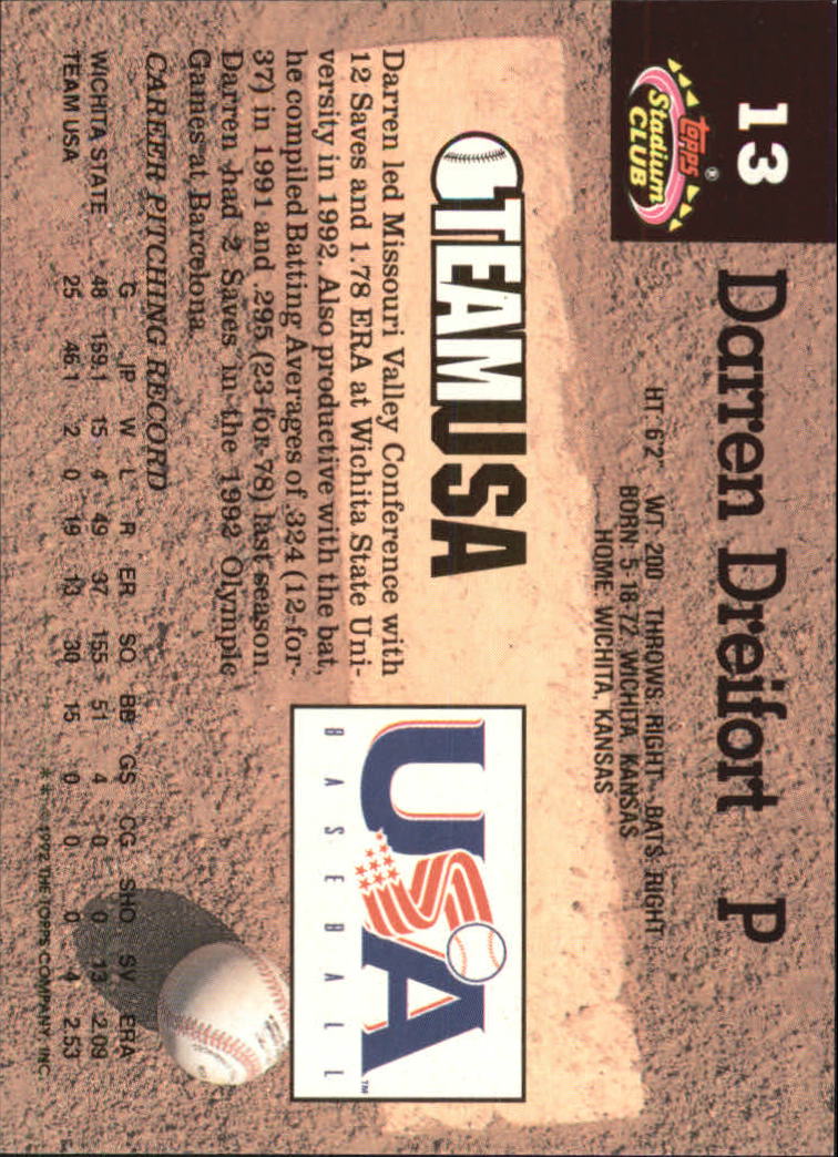 1993 Stadium Club Murphy #13 Darren Dreifort USA back image
