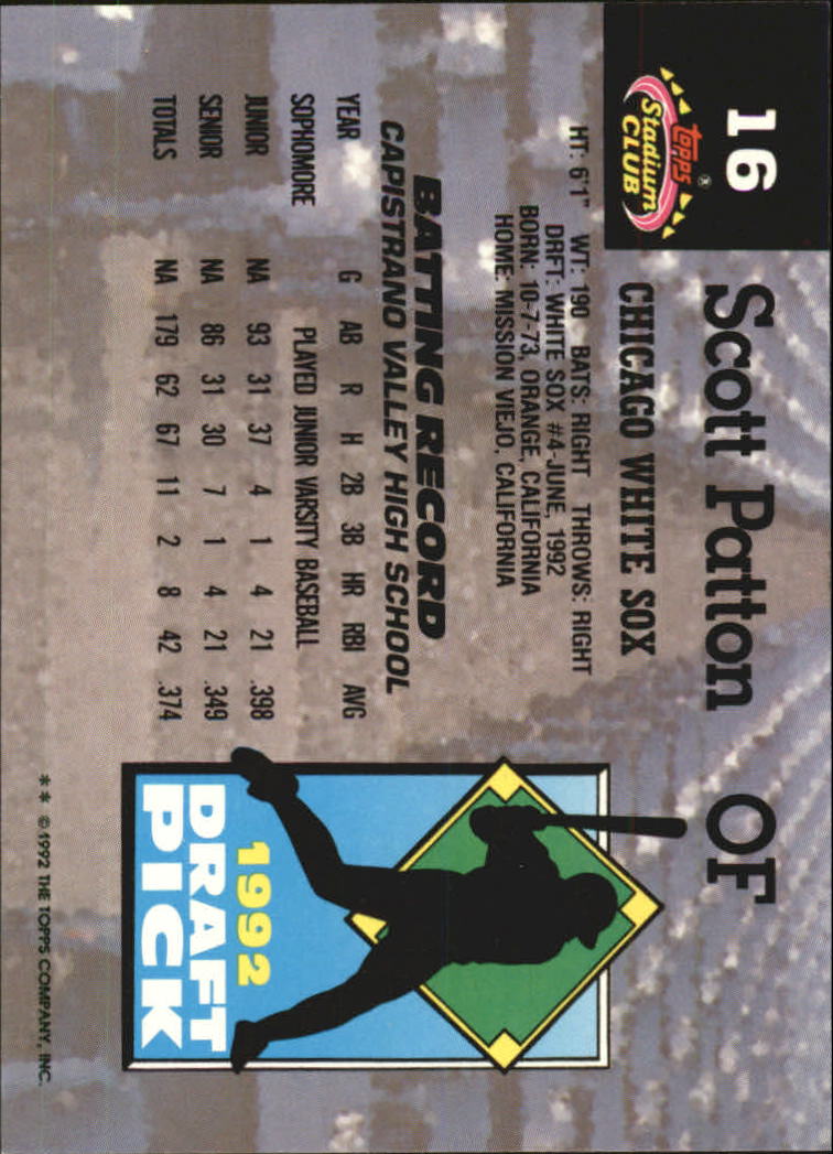 1993 Stadium Club Murphy #16 Scott Patton RC back image