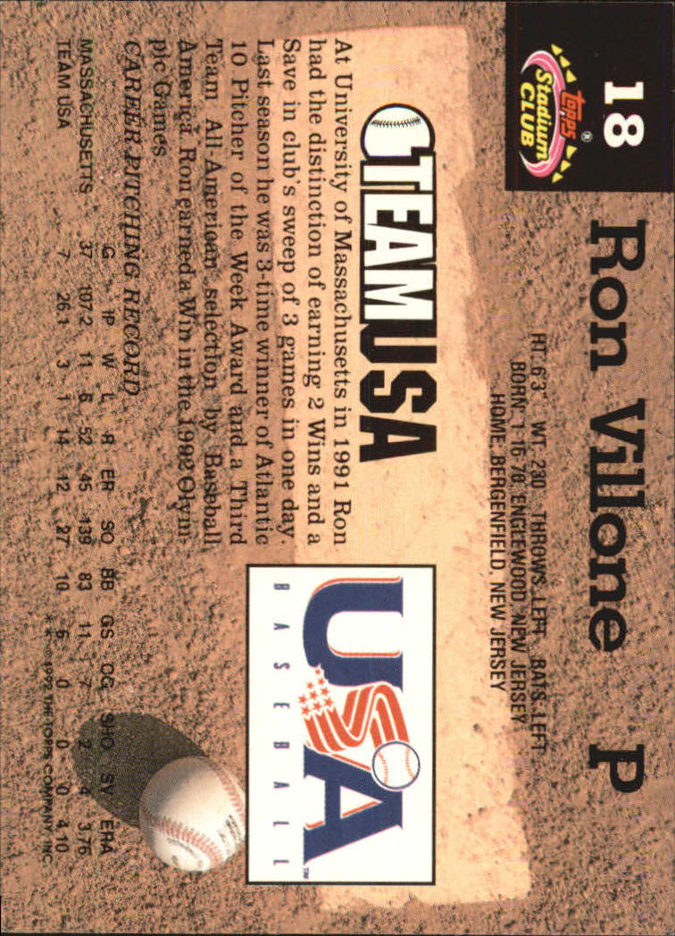 1993 Stadium Club Murphy #18 Ron Villone USA back image