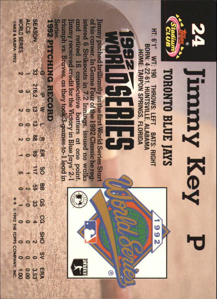 1993 Stadium Club Murphy #24 Jimmy Key back image