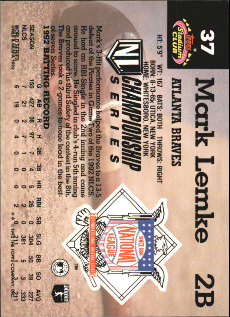 1993 Stadium Club Murphy #37 Mark Lemke back image