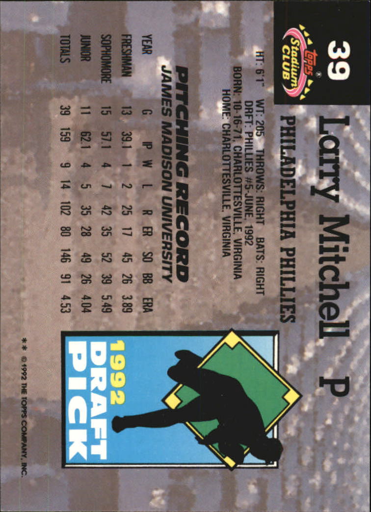 1993 Stadium Club Murphy #39 Larry Mitchell RC back image