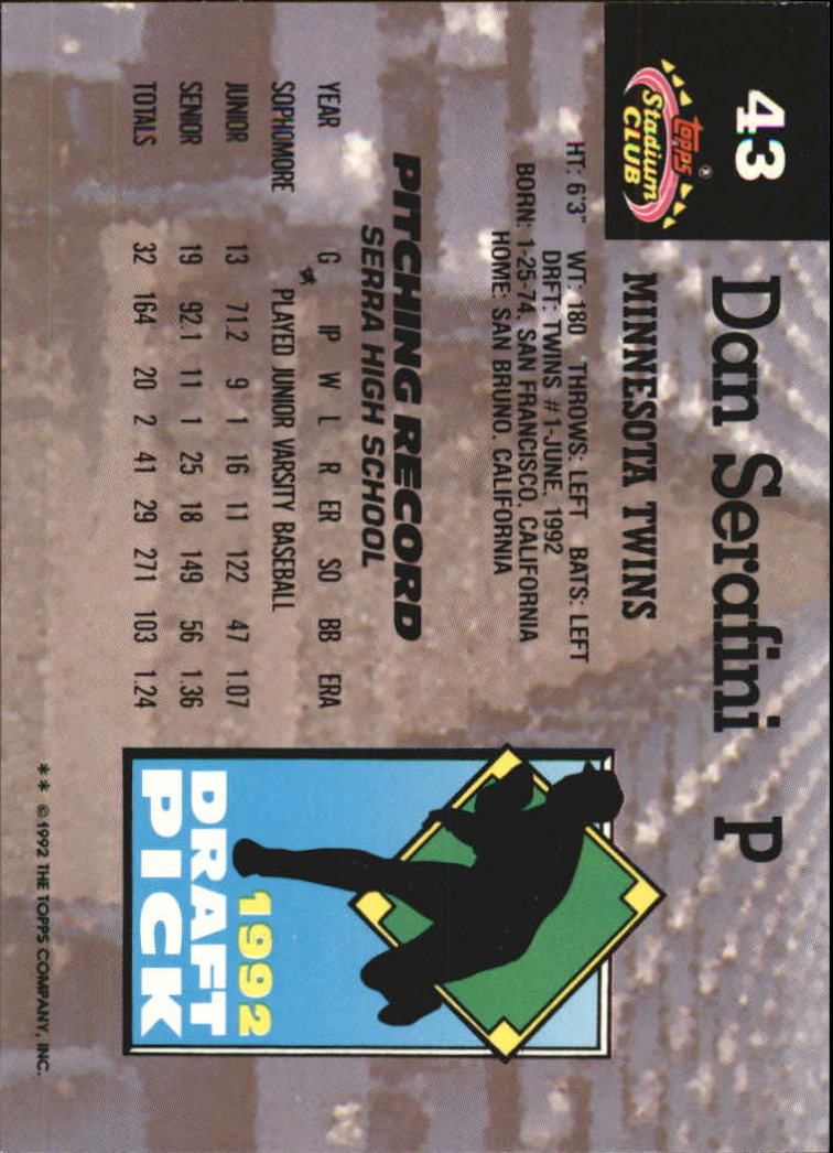1993 Stadium Club Murphy #43 Dan Serafini RC back image