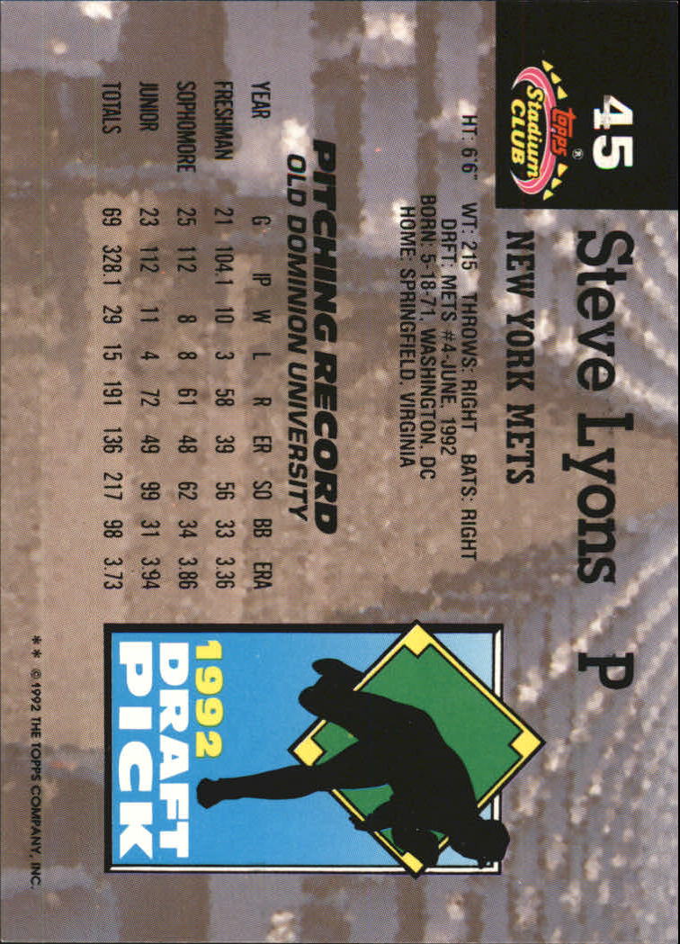 1993 Stadium Club Murphy #45 Steve Lyons RC back image