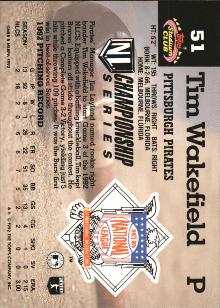 1993 Stadium Club Murphy #51 Tim Wakefield back image
