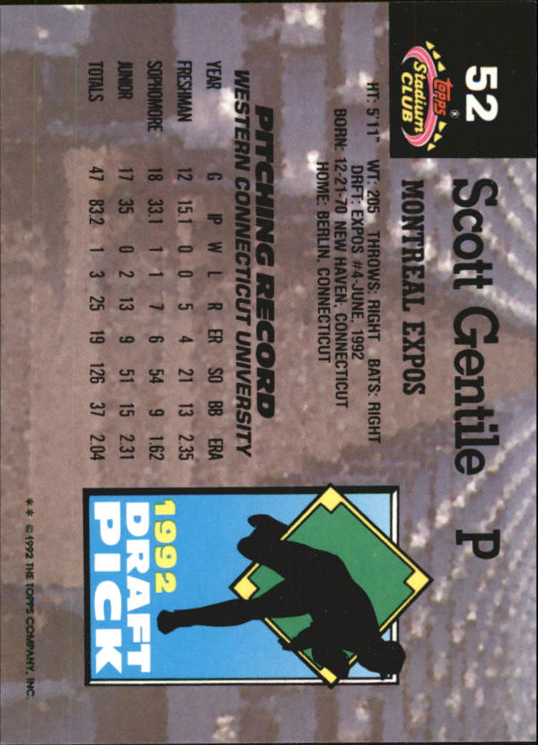 1993 Stadium Club Murphy #52 Scott Gentile RC back image